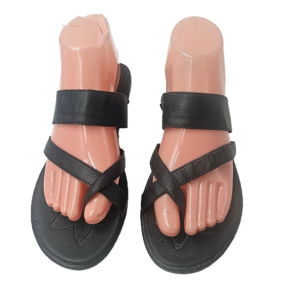b.o.c. Black Leather Strappy Slide Sandals